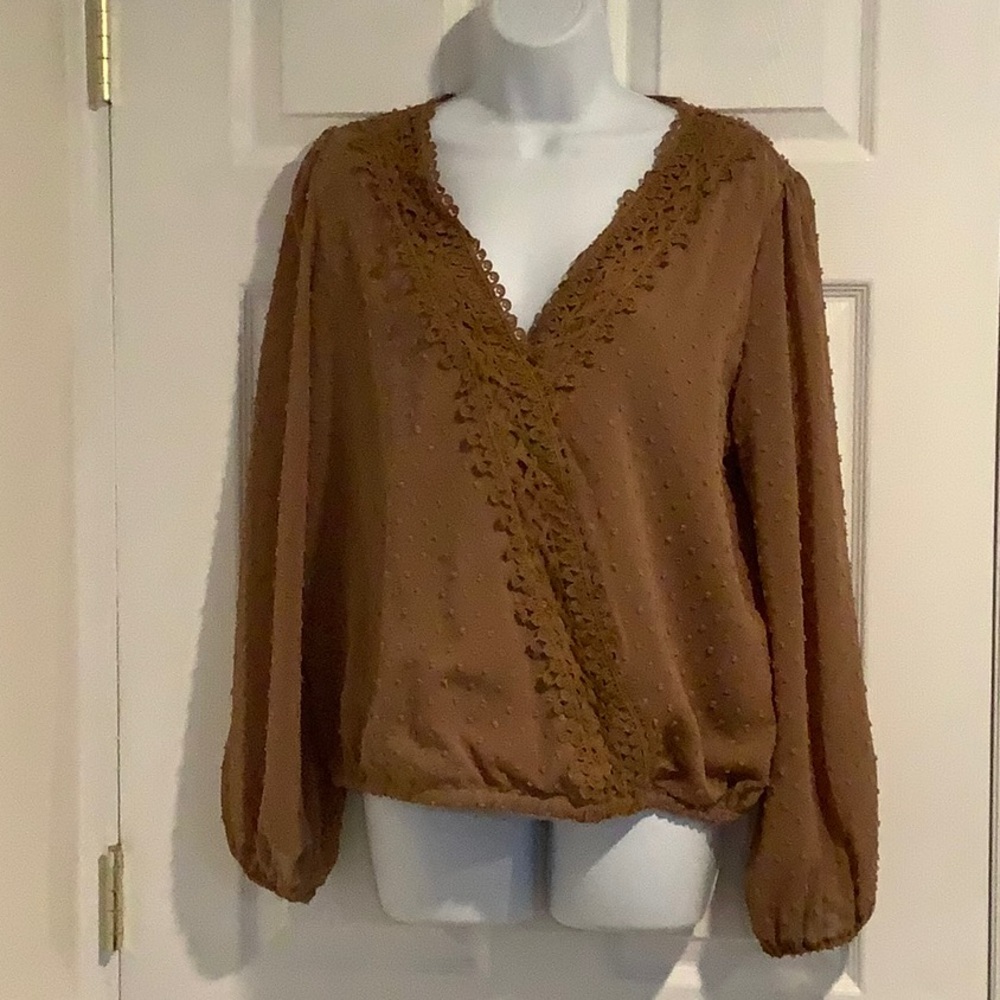 MISS SPARKLING Brown Boho Chic Neutral Semi Sheer Swiss Dot Wrap Fall Top M